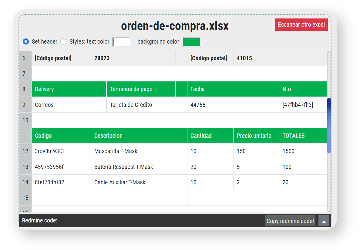 Screenshot from Excel file to redmine table code web application