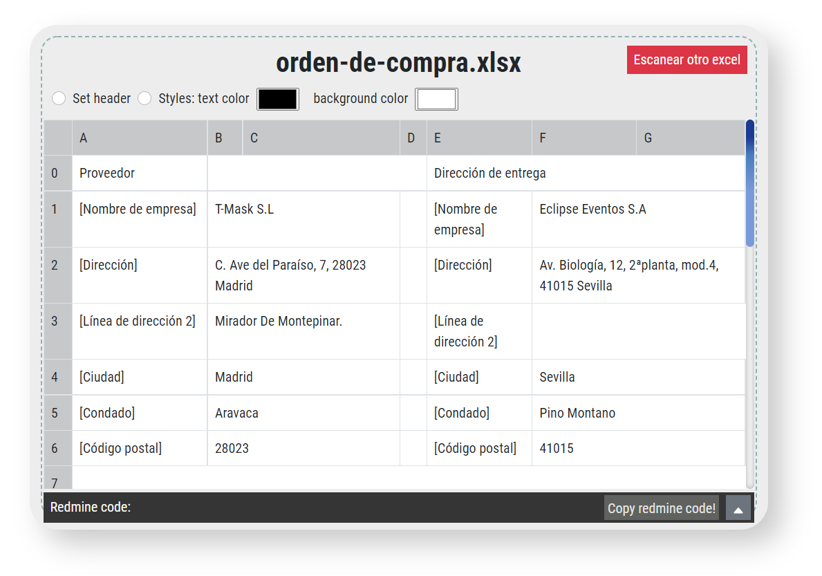 Screenshot from Excel file to redmine table code web application